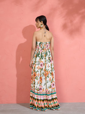 White Floral Front Ruched Tie-Back Maxi Dress-Pink Paprika by SASSAFRAS