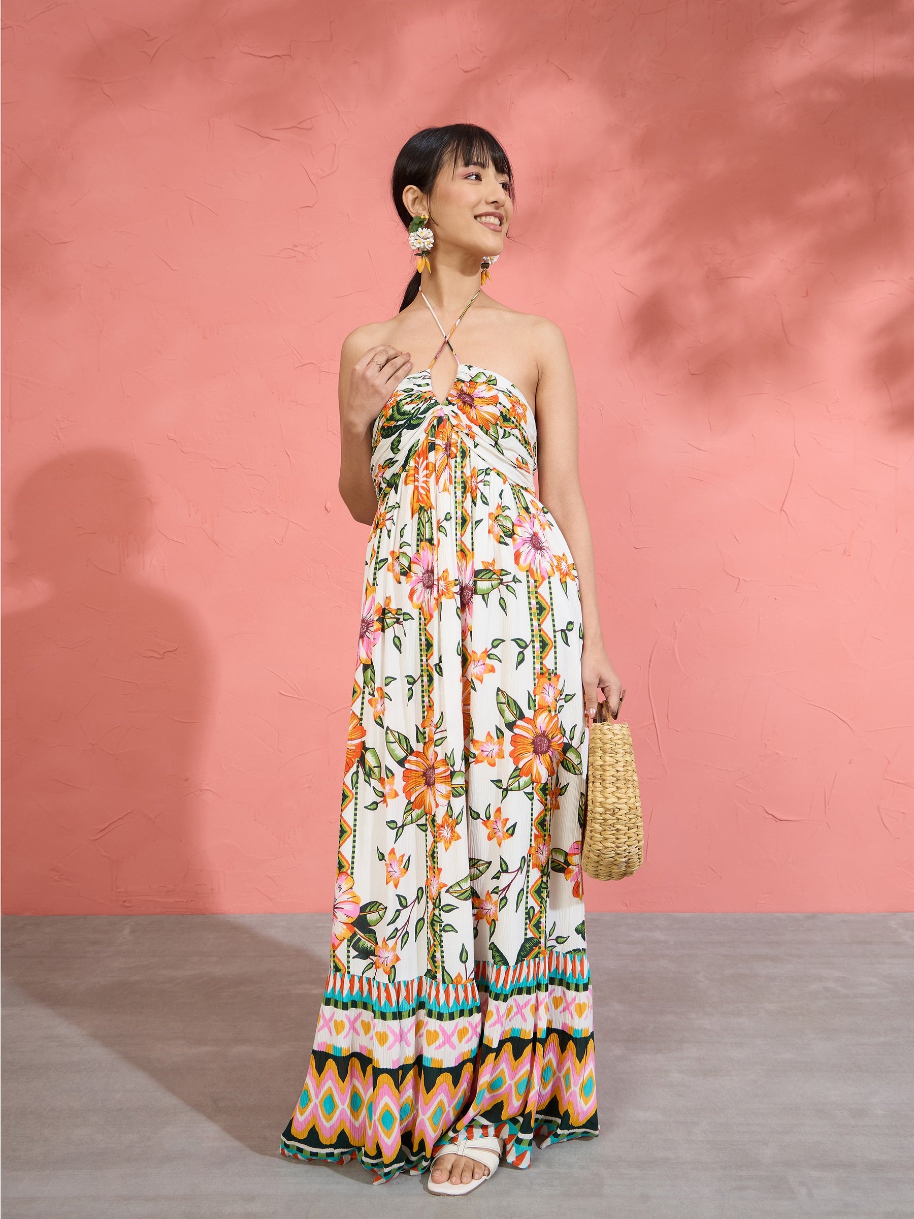 Women White Floral Front Ruched Tie-Back Maxi Dress