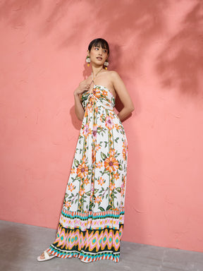 Women White Floral Front Ruched Tie-Back Maxi Dress