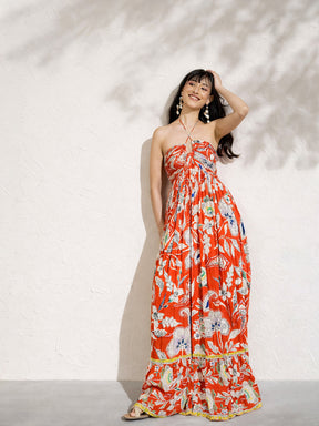 Red Floral Front Ruched Tie-Back Maxi Dress-Pink Paprika by SASSAFRAS