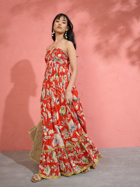 Red Floral Front Ruched Tie-Back Maxi Dress-Pink Paprika by SASSAFRAS