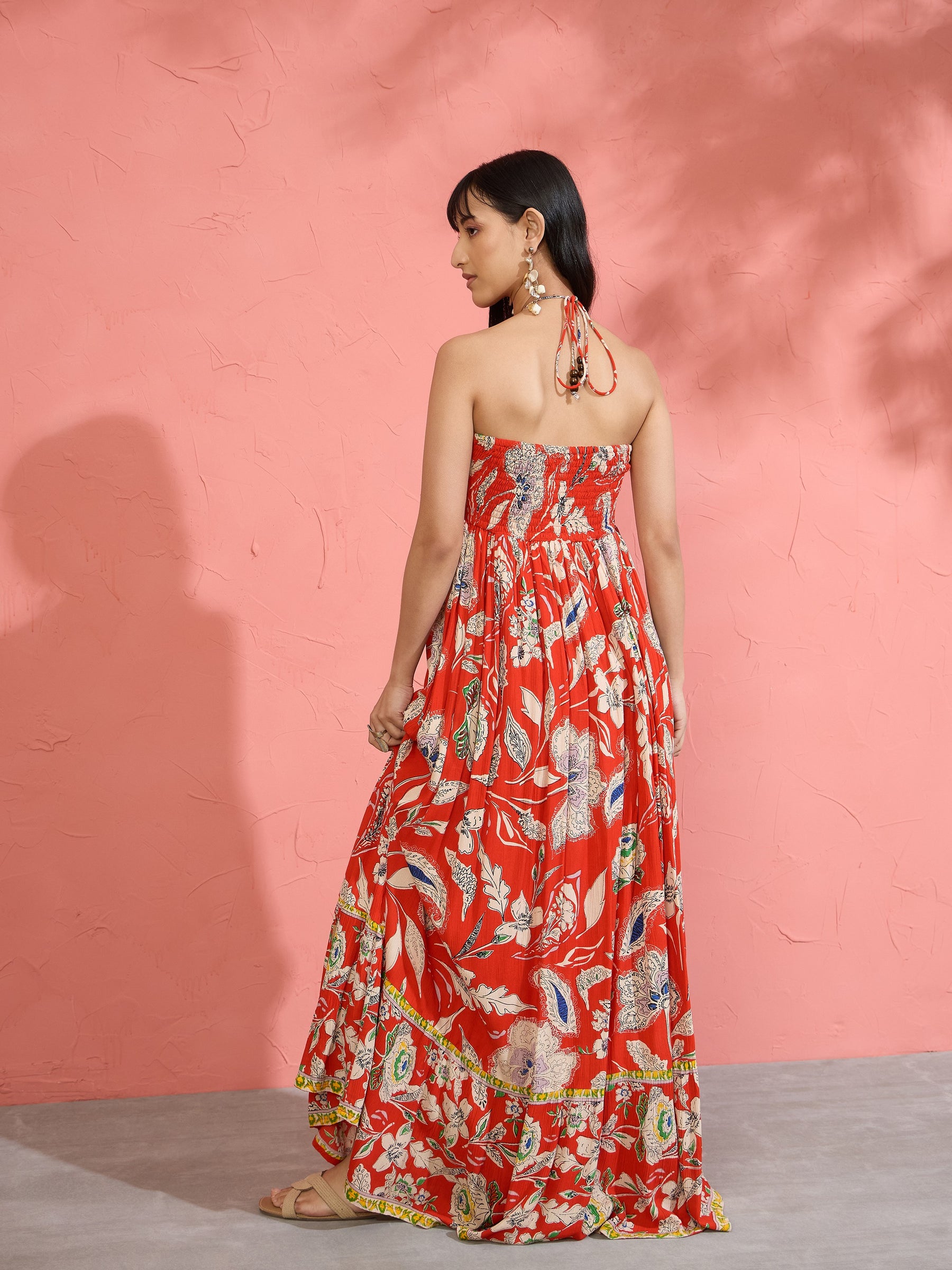 Red Floral Front Ruched Tie-Back Maxi Dress-Pink Paprika by SASSAFRAS