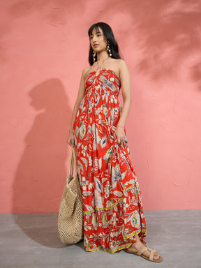 Women Red Floral Front Ruched Tie-Back Maxi Dress