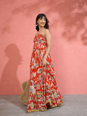 Women Red Floral Front Ruched Tie-Back Maxi Dress