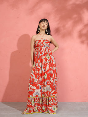 Women Red Floral Front Ruched Tie-Back Maxi Dress