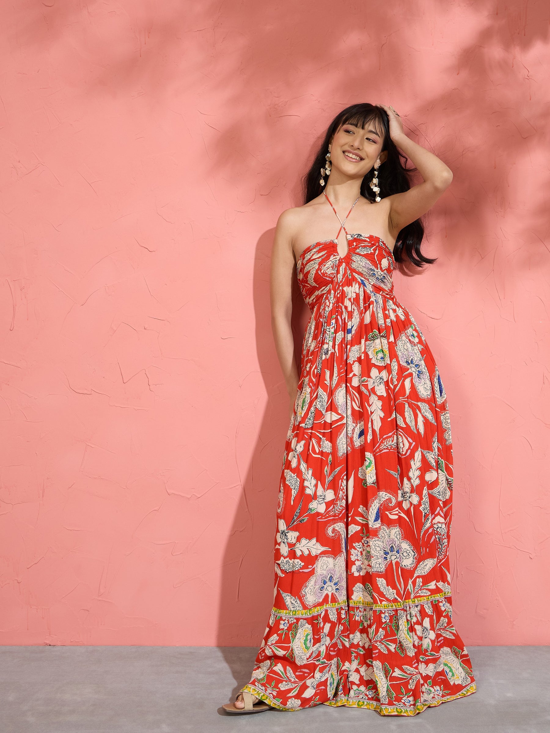Women Red Floral Front Ruched Tie-Back Maxi Dress