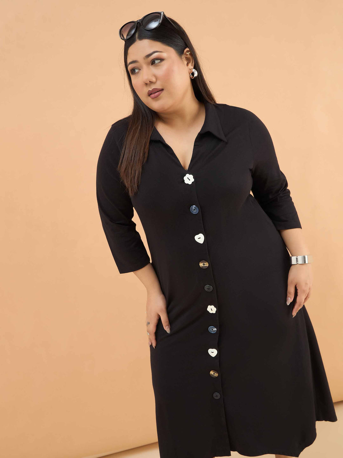 Black Multi Design Button Down Midi Dress-SASSAFRAS Curve