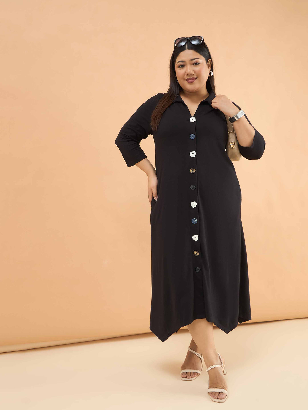 Black Multi Design Button Down Midi Dress-SASSAFRAS Curve