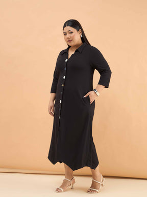 Black Multi Design Button Down Midi Dress-SASSAFRAS Curve