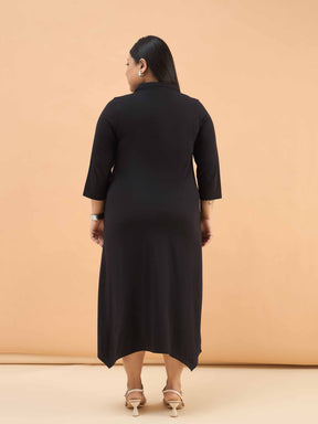 Black Multi Design Button Down Midi Dress-SASSAFRAS Curve