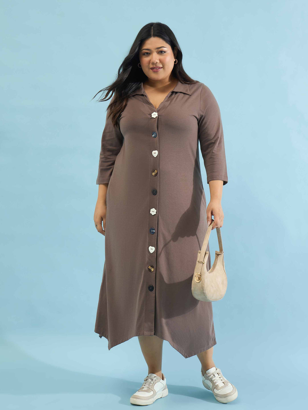 Taupe Multi Design Button Down Midi Dress-SASSAFRAS Curve