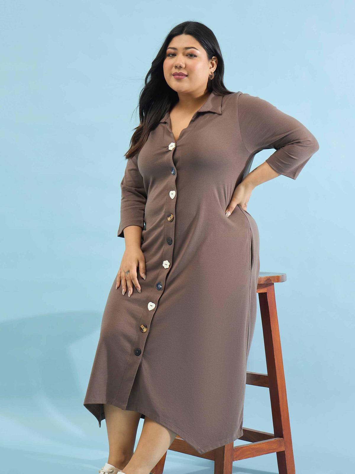 Taupe Multi Design Button Down Midi Dress-SASSAFRAS Curve
