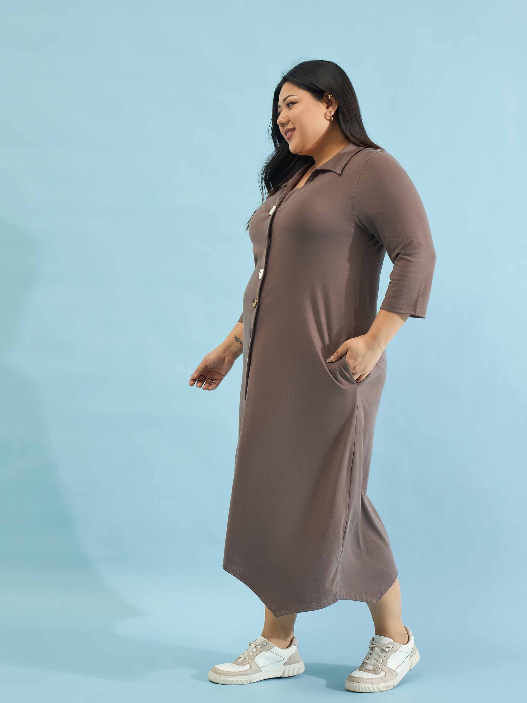 Taupe Multi Design Button Down Midi Dress-SASSAFRAS Curve