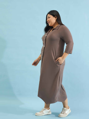Taupe Multi Design Button Down Midi Dress-SASSAFRAS Curve