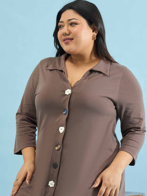 Taupe Multi Design Button Down Midi Dress-SASSAFRAS Curve
