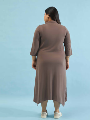 Taupe Multi Design Button Down Midi Dress-SASSAFRAS Curve
