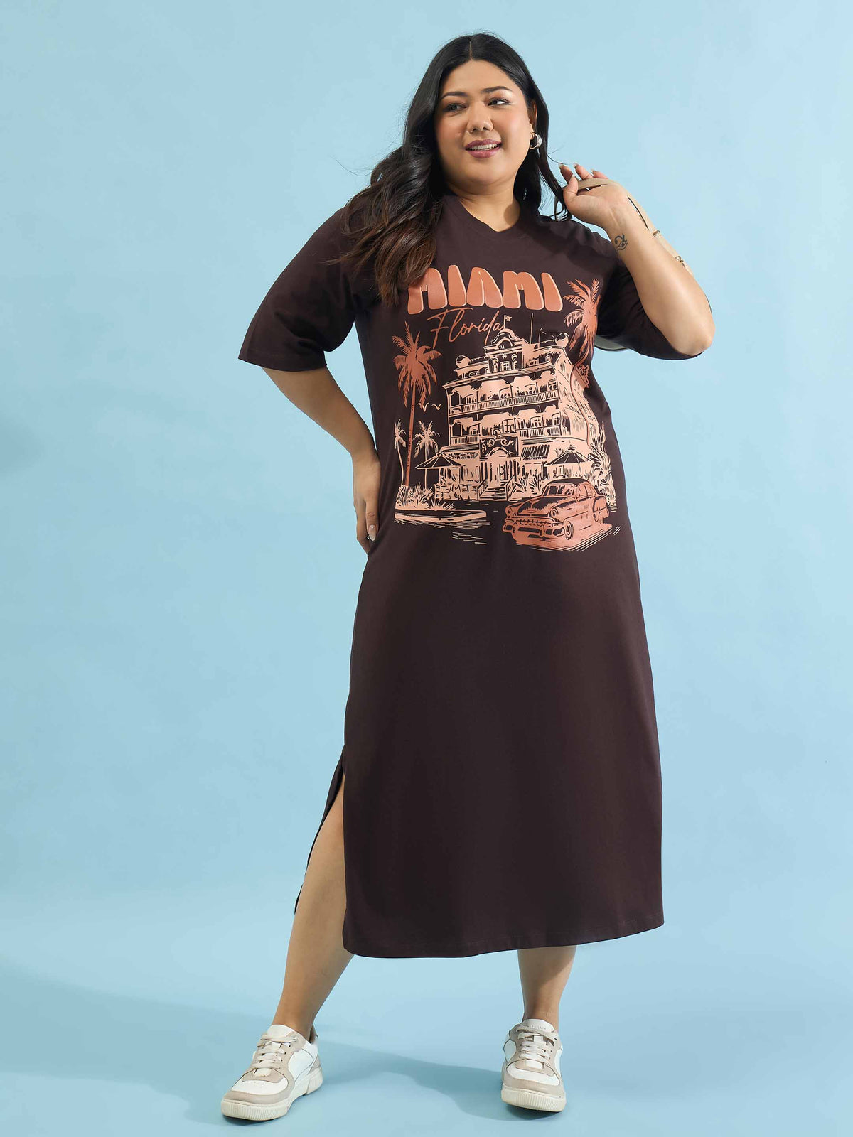 Brown MIAMI T Shirt Dress-SASSAFRAS Curve