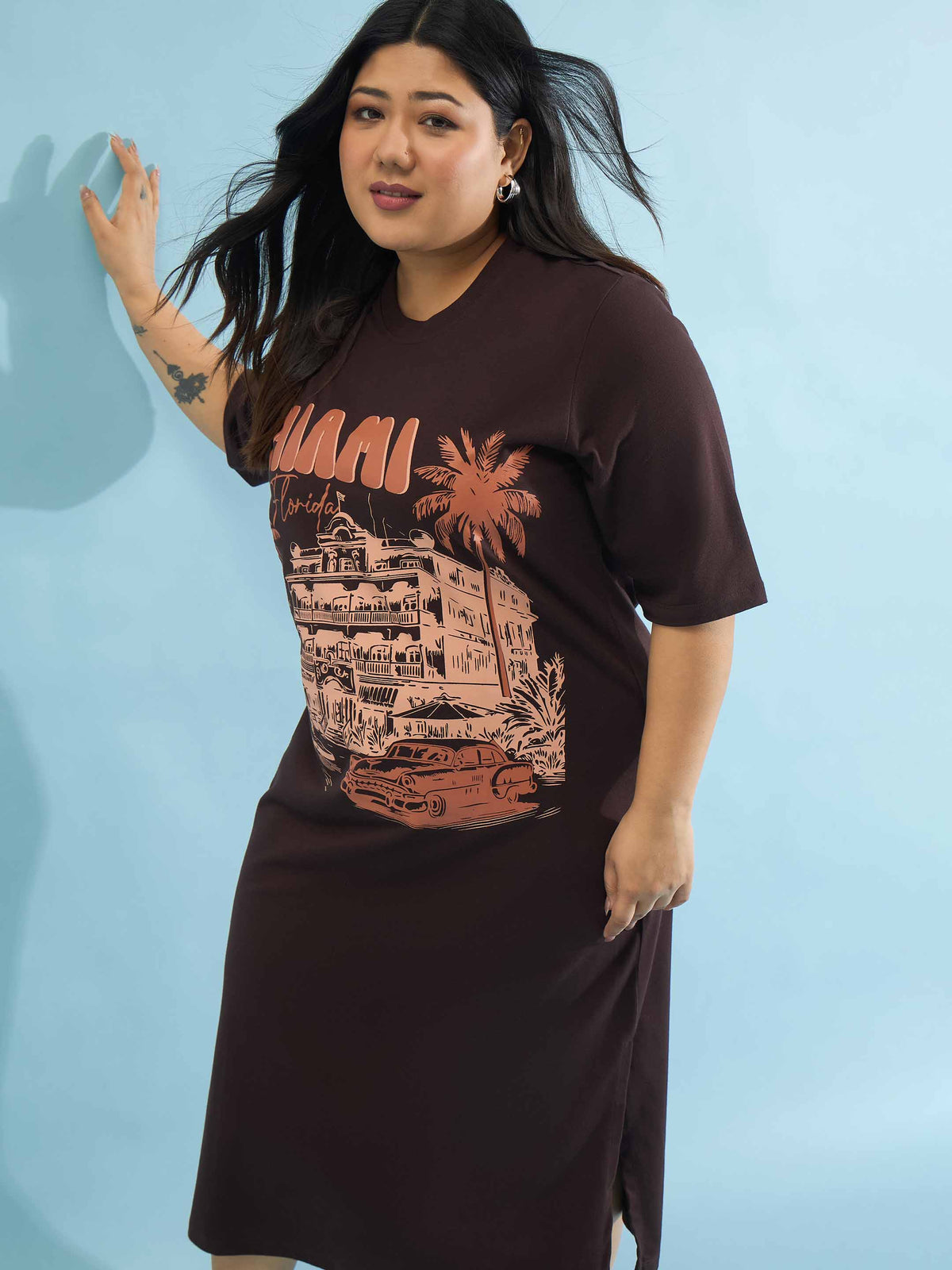 Brown MIAMI T Shirt Dress-SASSAFRAS Curve
