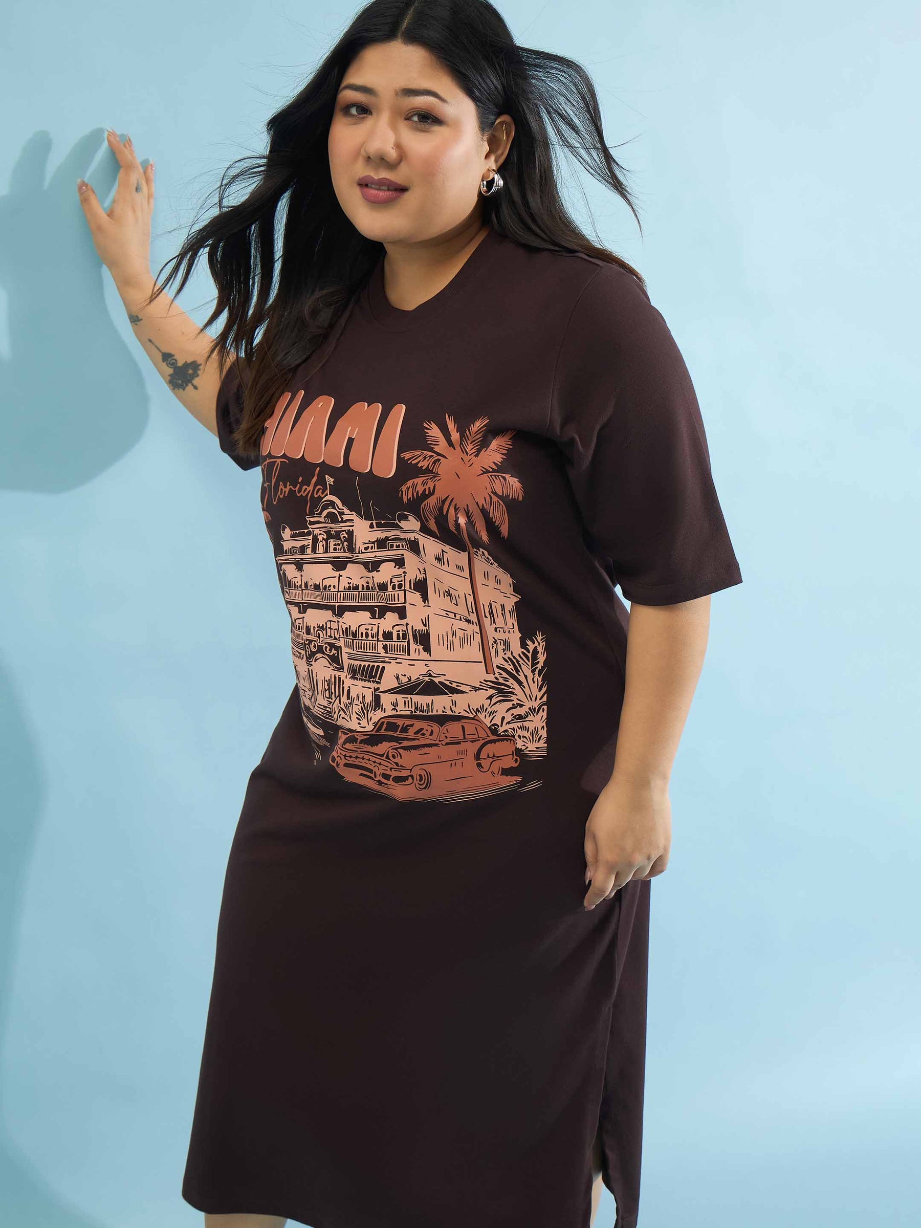 Brown MIAMI T Shirt Dress-SASSAFRAS Curve