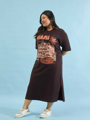 Brown MIAMI T Shirt Dress-SASSAFRAS Curve
