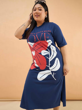Navy LOVE T Shirt Dress-SASSAFRAS Curve