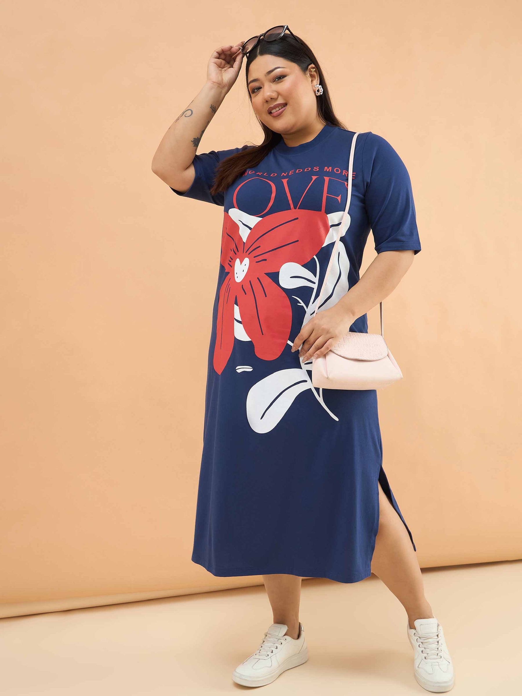 Navy LOVE T Shirt Dress-SASSAFRAS Curve