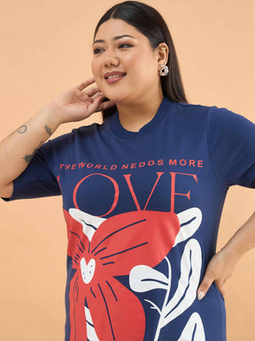 Navy LOVE T Shirt Dress-SASSAFRAS Curve