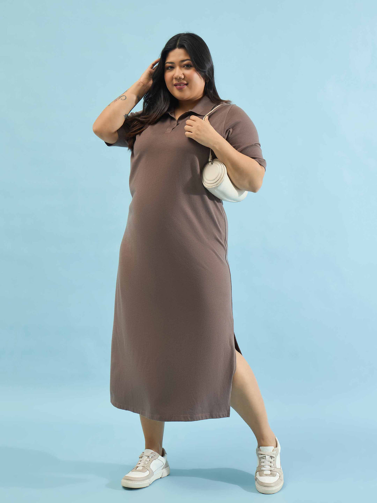 Taupe Polo Neck Side Slit Midi Dress-SASSAFRAS Curve