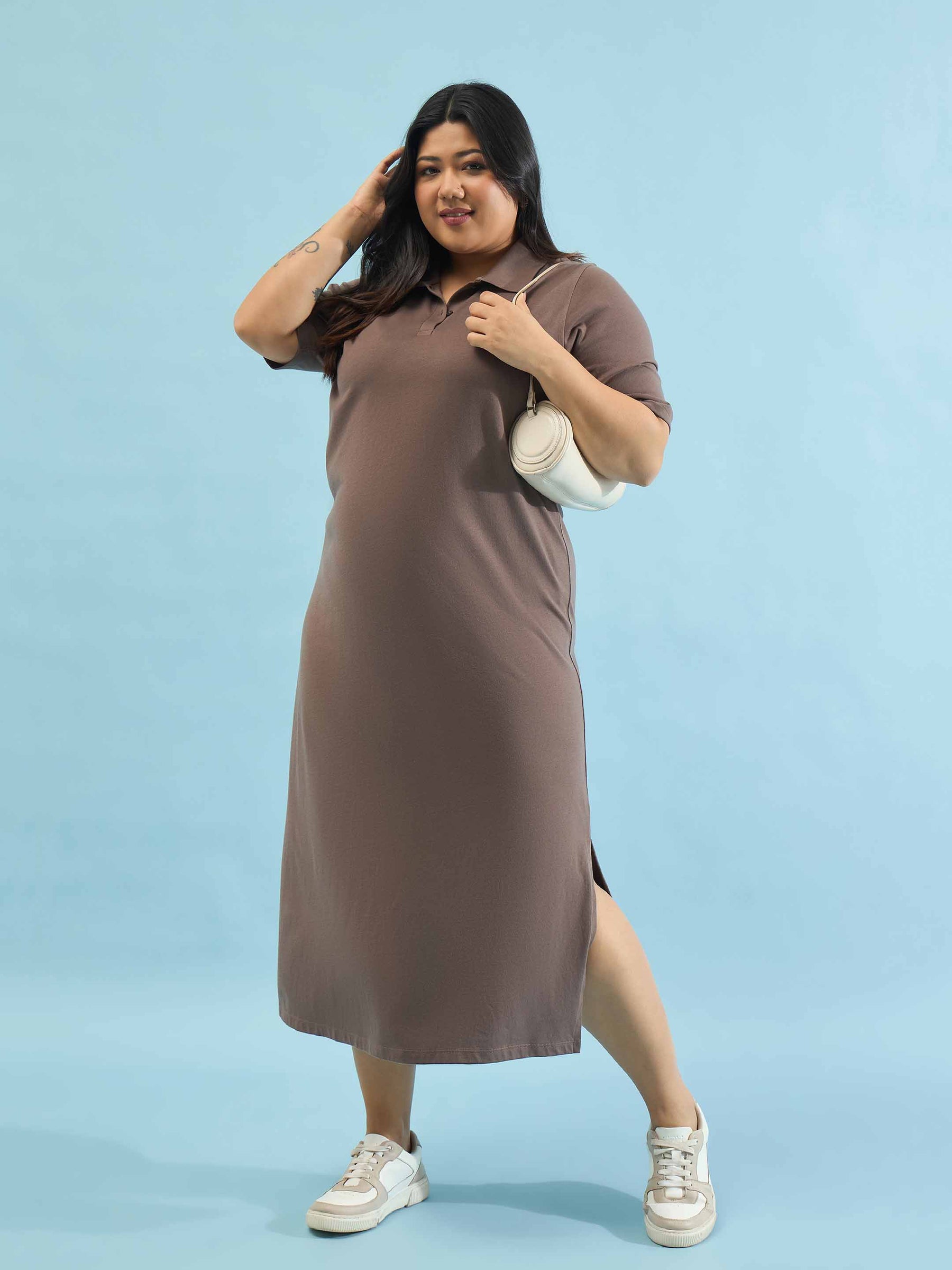 Taupe Polo Neck Side Slit Midi Dress-SASSAFRAS Curve
