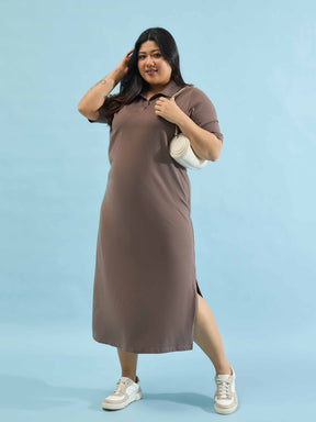 Taupe Polo Neck Side Slit Midi Dress-SASSAFRAS Curve