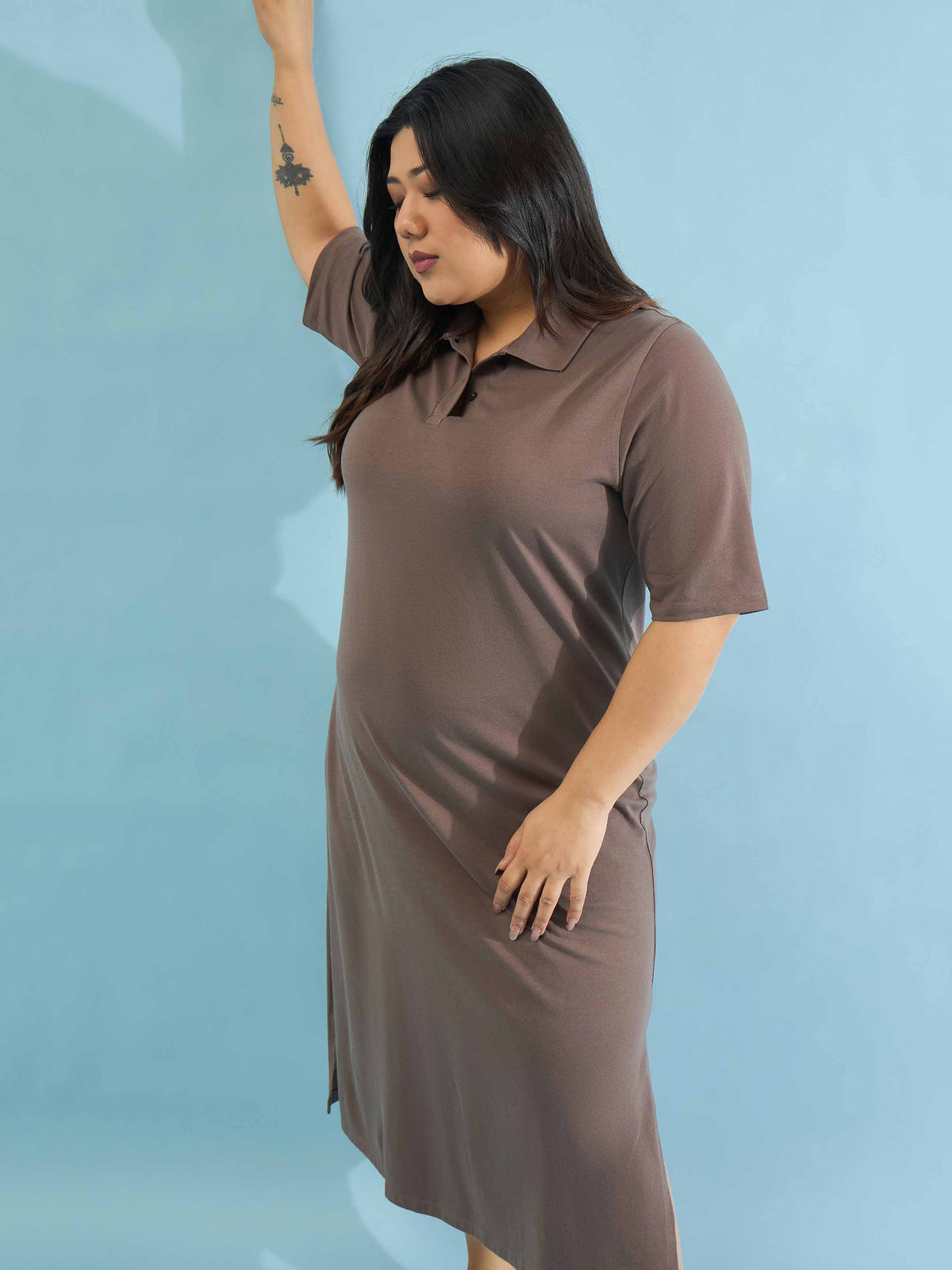 Taupe Polo Neck Side Slit Midi Dress-SASSAFRAS Curve