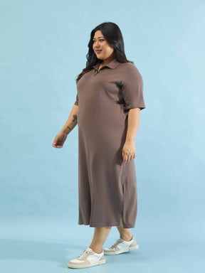 Taupe Polo Neck Side Slit Midi Dress-SASSAFRAS Curve