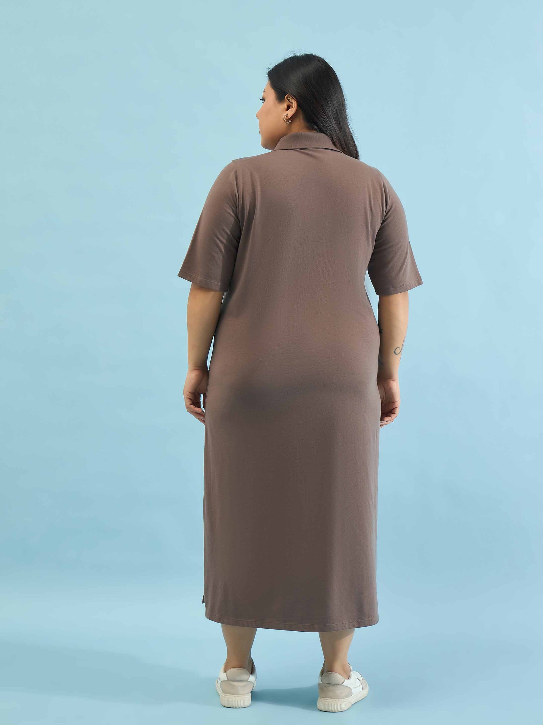 Taupe Polo Neck Side Slit Midi Dress-SASSAFRAS Curve