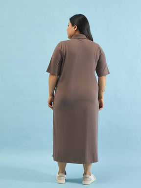 Taupe Polo Neck Side Slit Midi Dress-SASSAFRAS Curve
