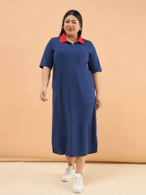 Navy Polo Neck Side Slit Midi Dress-SASSAFRAS Curve