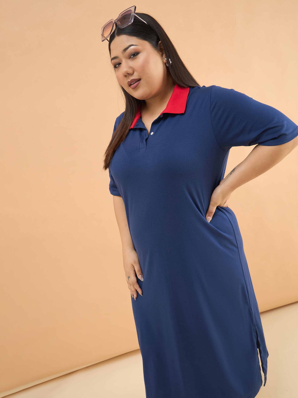 Navy Polo Neck Side Slit Midi Dress-SASSAFRAS Curve