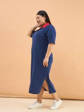 Navy Polo Neck Side Slit Midi Dress-SASSAFRAS Curve