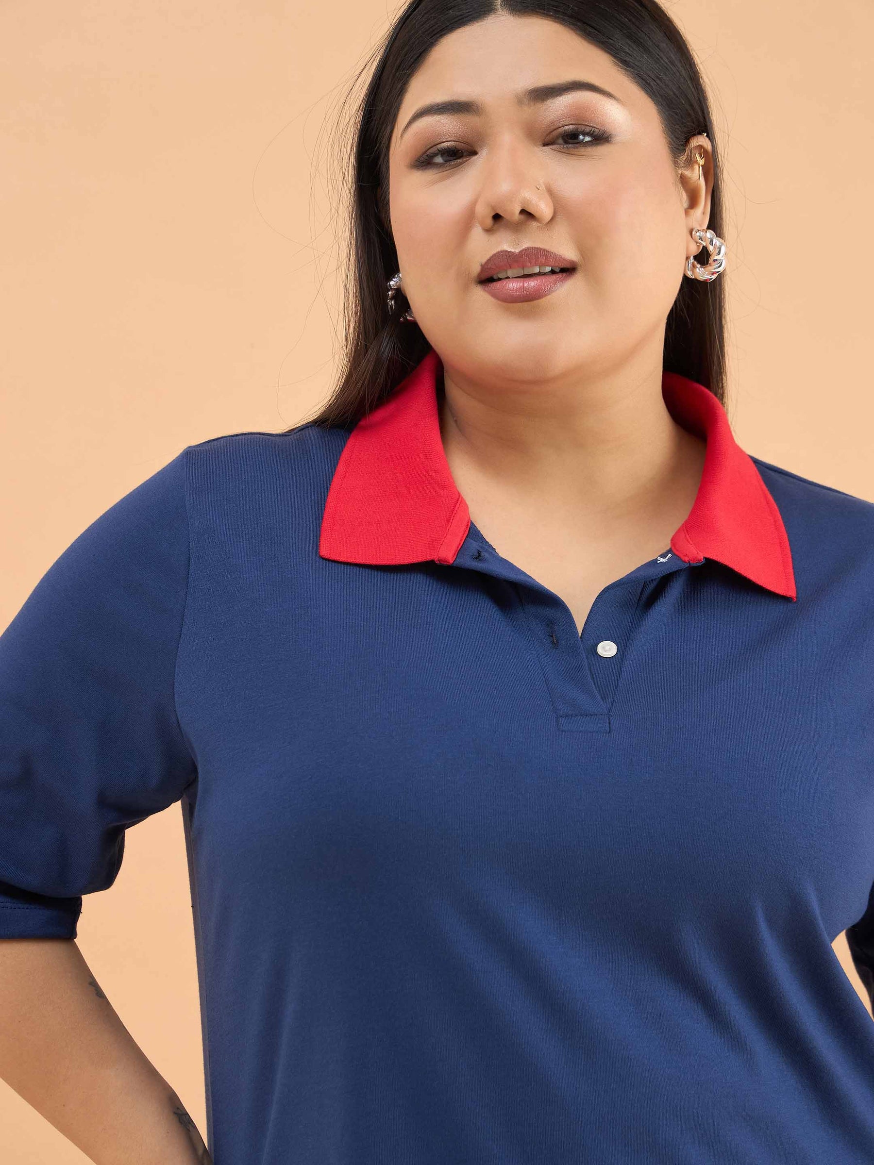 Navy Polo Neck Side Slit Midi Dress-SASSAFRAS Curve