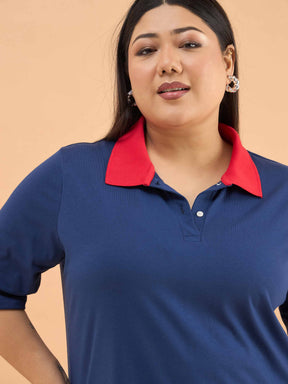 Navy Polo Neck Side Slit Midi Dress-SASSAFRAS Curve