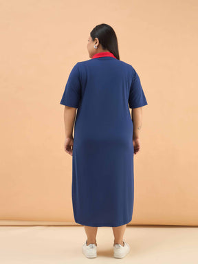 Navy Polo Neck Side Slit Midi Dress-SASSAFRAS Curve