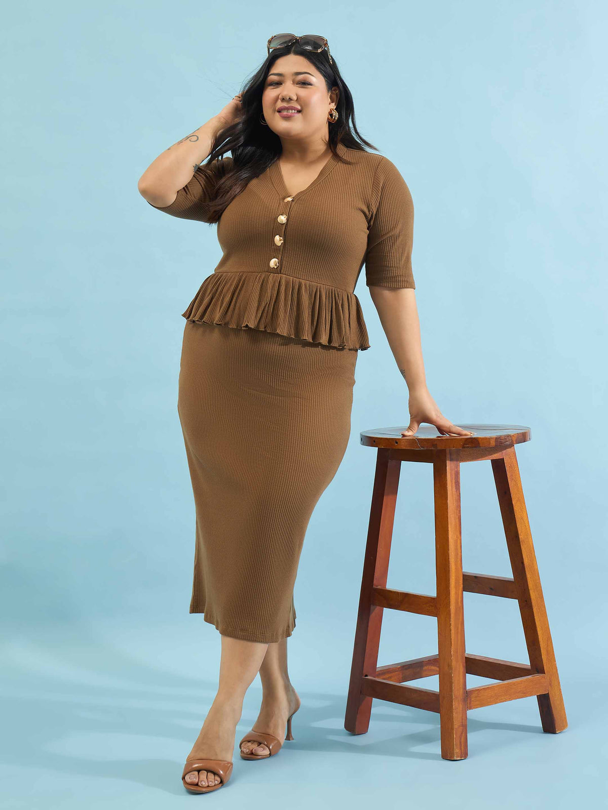 Brown Rib Front Peplum Bodycon Midi Dress-SASSAFRAS Curve