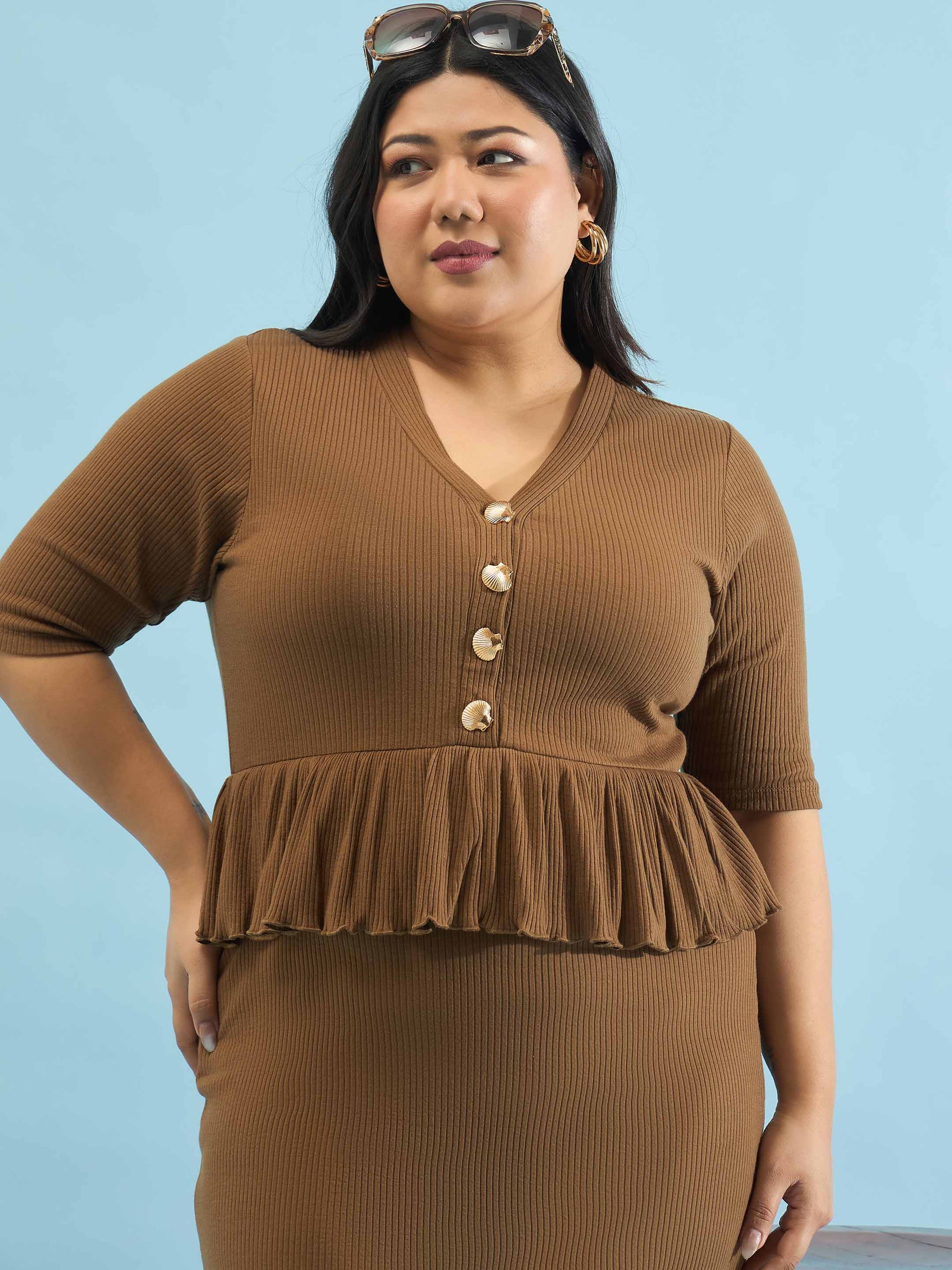 Brown Rib Front Peplum Bodycon Midi Dress-SASSAFRAS Curve