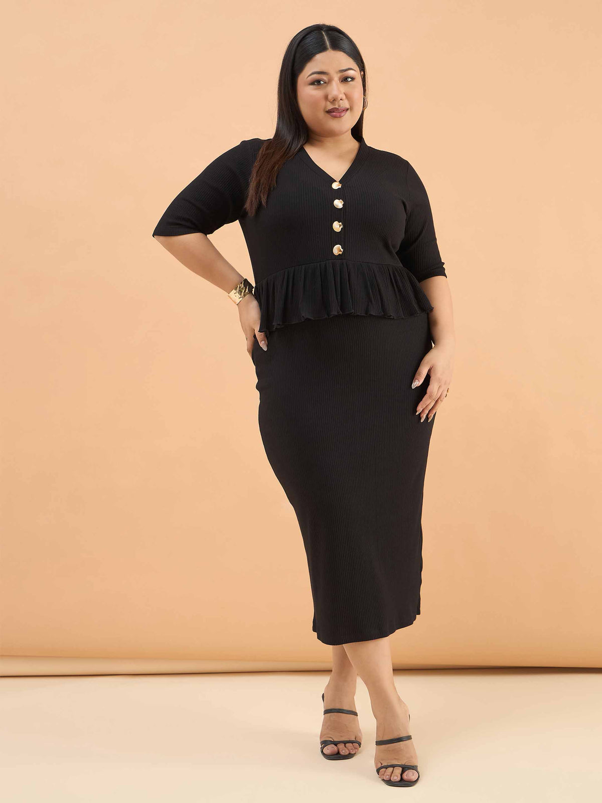 Black Rib Front Peplum Bodycon Midi Dress-SASSAFRAS Curve