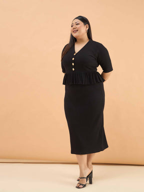 Black Rib Front Peplum Bodycon Midi Dress-SASSAFRAS Curve