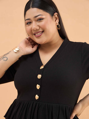 Black Rib Front Peplum Bodycon Midi Dress-SASSAFRAS Curve