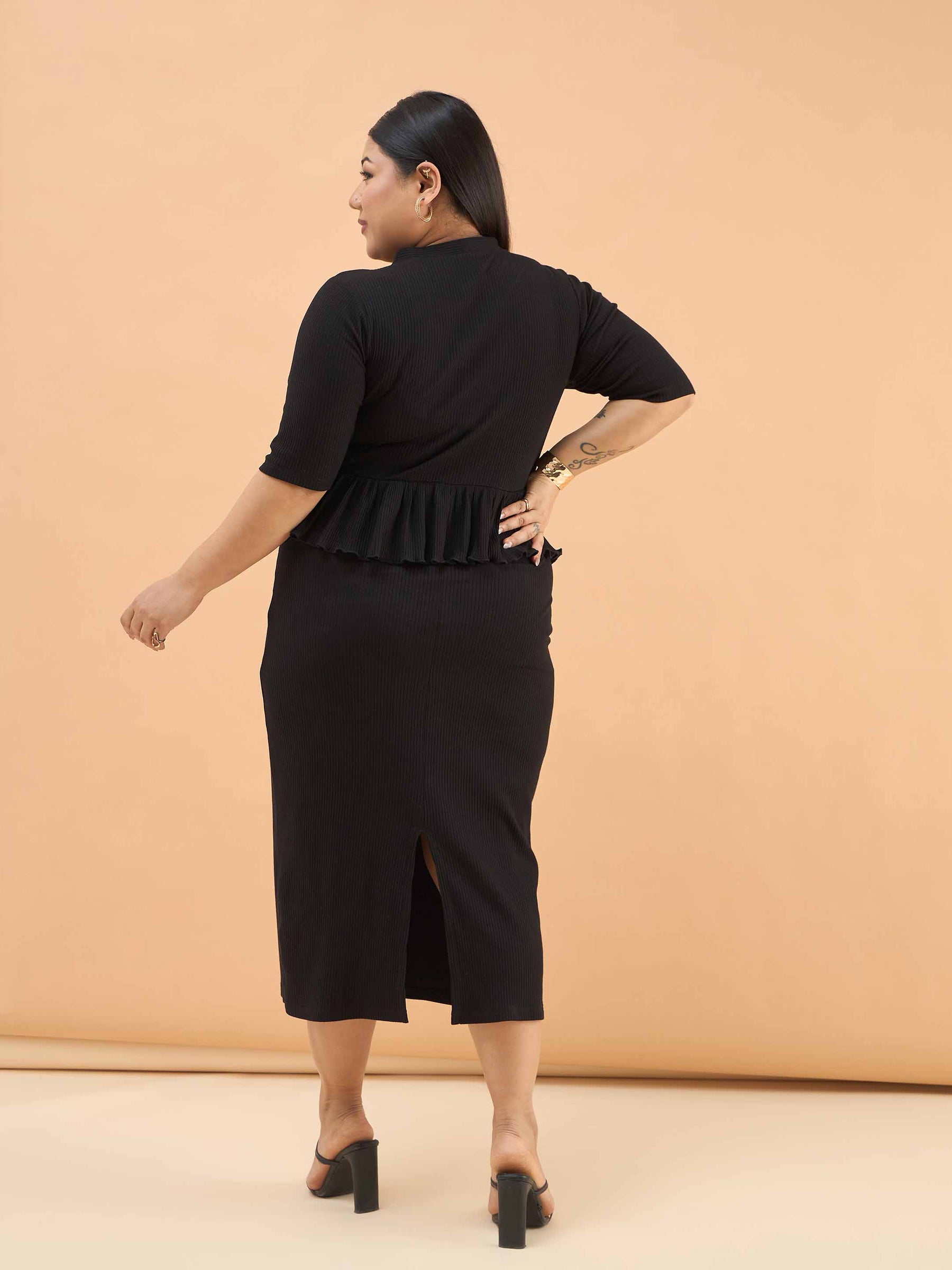 Black Rib Front Peplum Bodycon Midi Dress-SASSAFRAS Curve