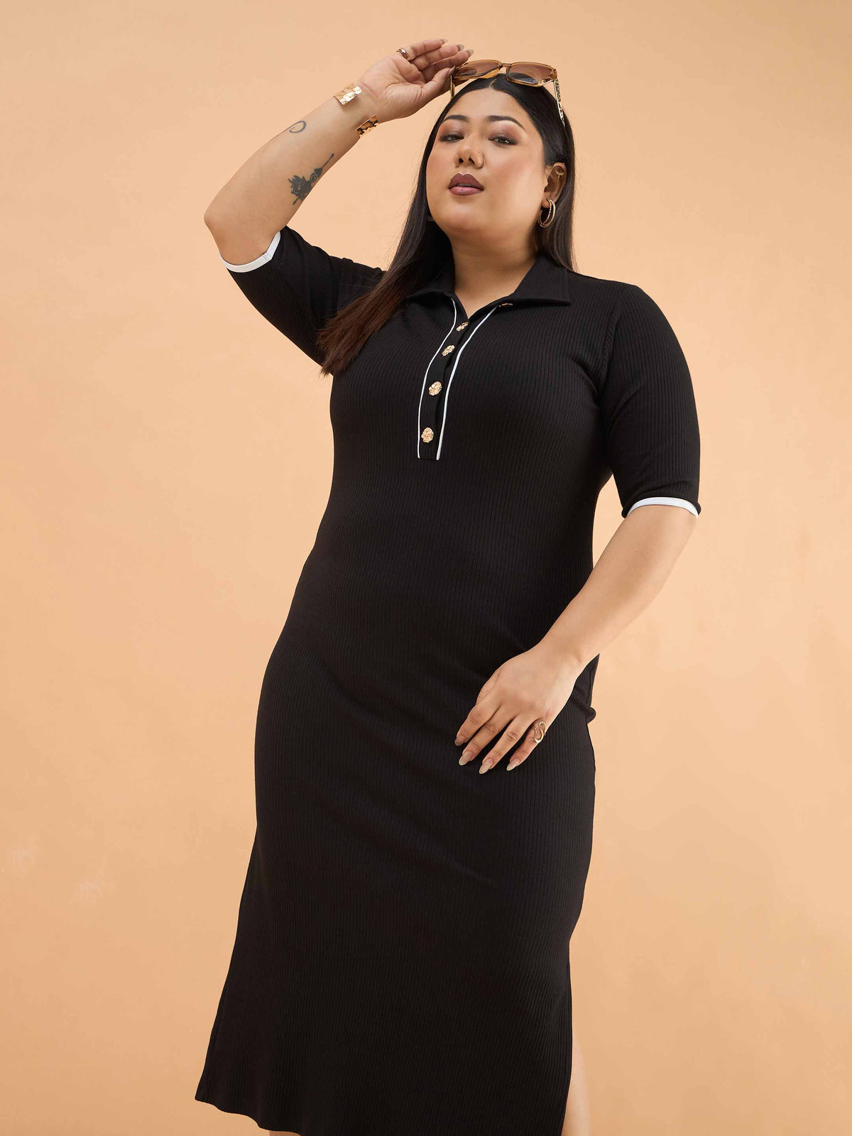 Black Rib Polo Neck Side Slit Midi Dress-SASSAFRAS Curve