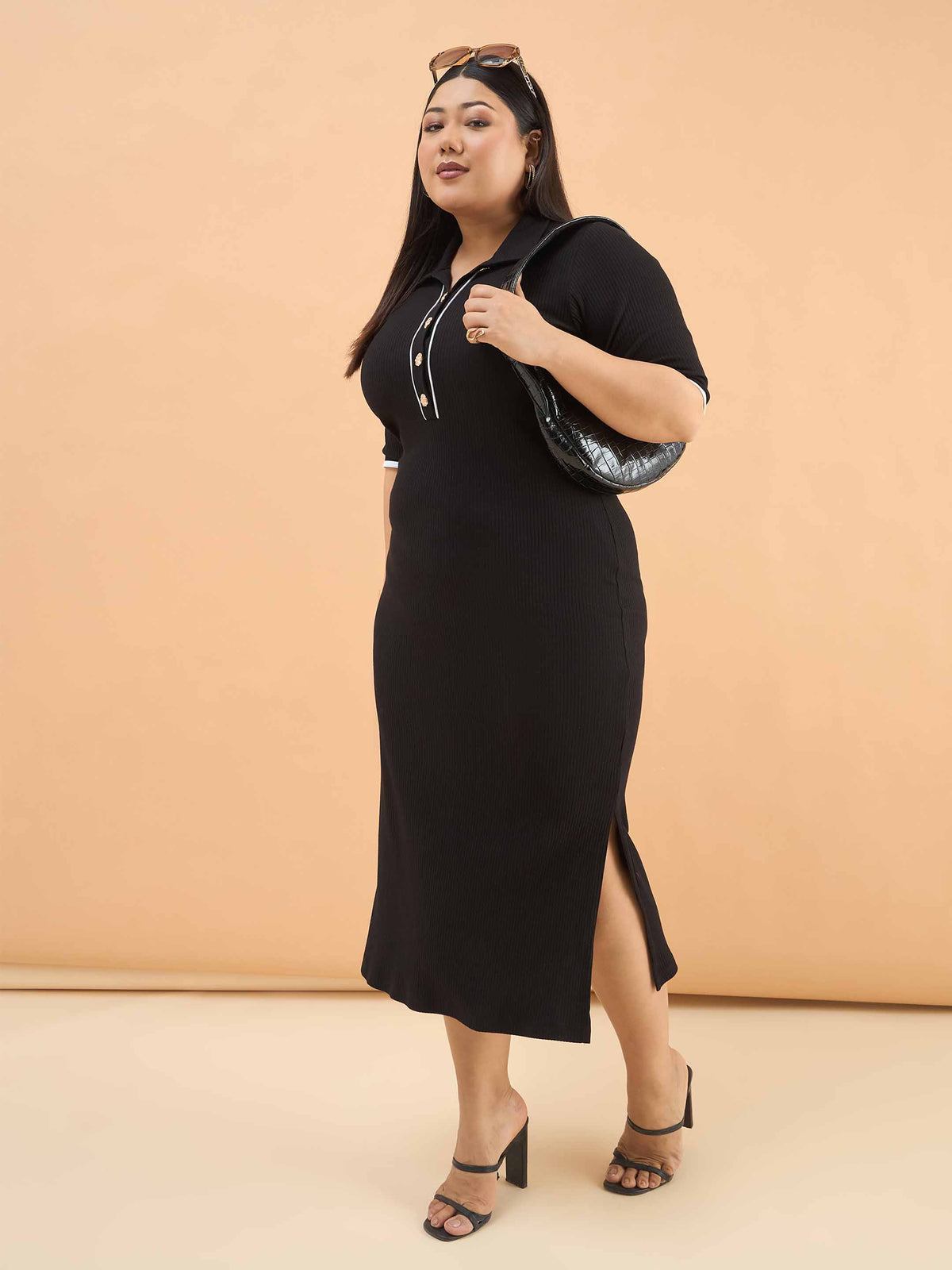 Black Rib Polo Neck Side Slit Midi Dress-SASSAFRAS Curve