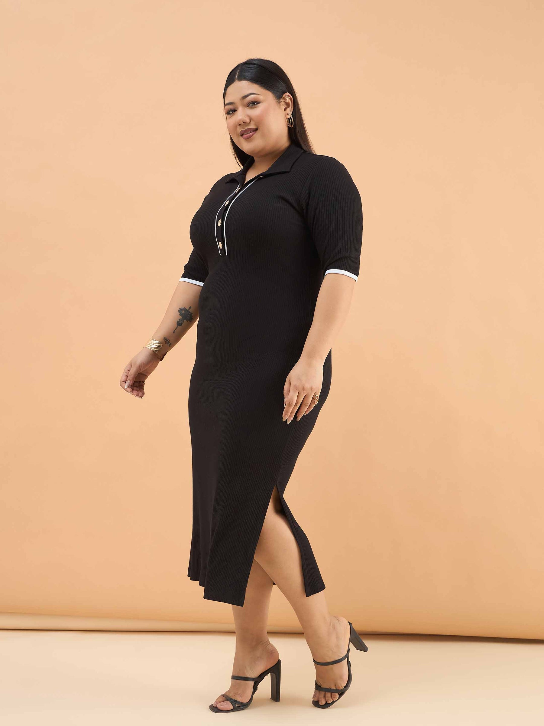Black Rib Polo Neck Side Slit Midi Dress-SASSAFRAS Curve