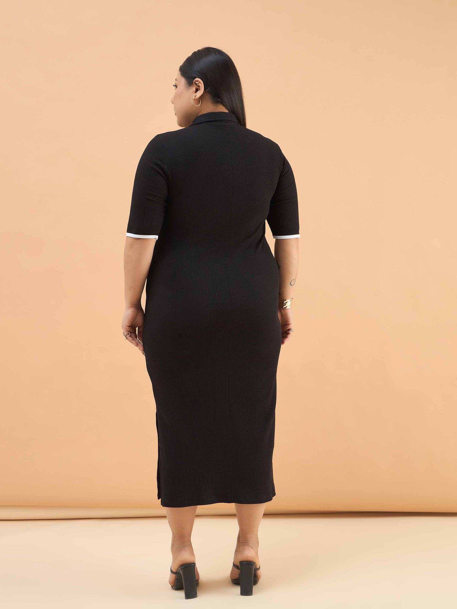 Black Rib Polo Neck Side Slit Midi Dress-SASSAFRAS Curve